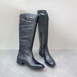 秋冬真皮圆头高筒靴粗跟侧拉链显瘦百搭全筒水洗牛皮长靴女