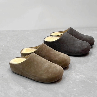 特惠秋冬真皮包头毛毛拖鞋厚底防滑外穿简约勃肯鞋女休闲后空半拖