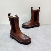 新款 秋冬真皮圆头中筒靴厚底套筒切尔西靴帅气百搭擦色牛皮烟筒靴