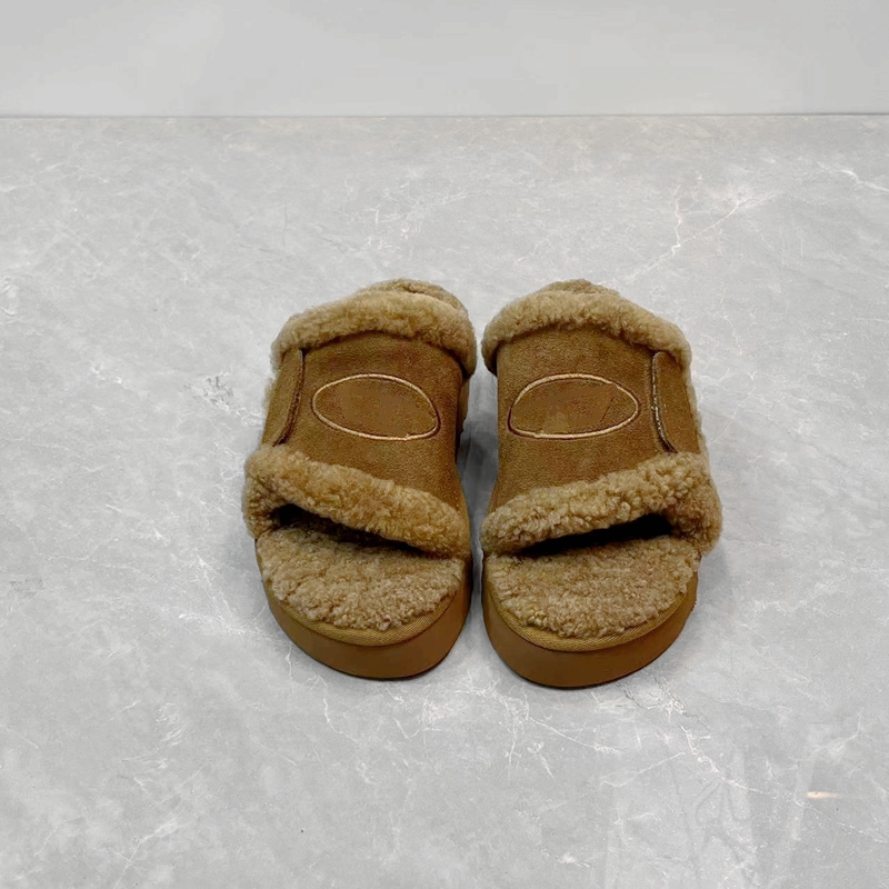 真皮一字露趾厚底时装羊毛拖鞋居家外穿休闲百搭轻便毛毛女拖