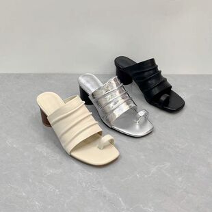 新款真皮粗跟拖鞋抓皱套趾时尚百搭高跟气质女凉拖2304LM03