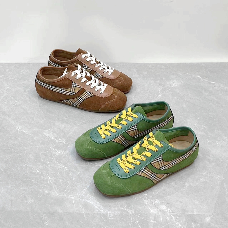 真皮圆头时尚德训鞋拼接平底绑带休闲运动鞋超舒适百搭慢跑鞋