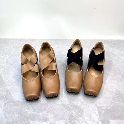 7~9厘米粗跟网红爆款芭蕾舞鞋真皮猪鼻子交叉带百搭浅口玛丽珍鞋