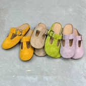 磨砂真皮圆头果糖色系休闲舒适软底女半拖 勃肯包头拖鞋 新款 春夏季