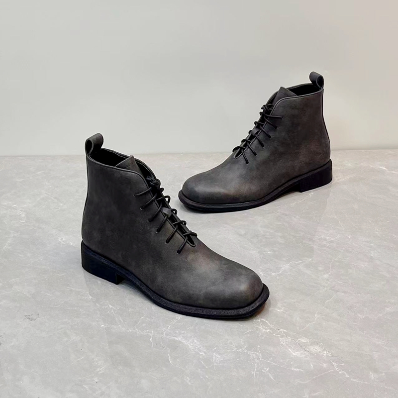 英伦风复古擦色马丁靴真皮圆头粗跟系带牛皮通勤百搭女短靴