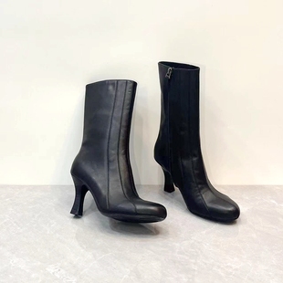 欧美风真皮圆头时装 女靴细高跟气质百搭侧拉链中筒靴纯黑拼接裸靴