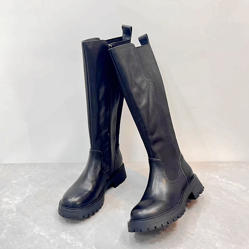 秋冬新款长筒骑士靴真皮圆头粗跟防滑显瘦高筒靴侧拉链不过膝长靴