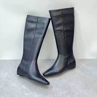 小牛皮欧美风方头拼接高筒靴后拉链内增高通勤百搭显瘦长筒靴女