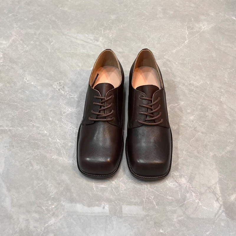 复古真皮方头小皮鞋英伦风帅气粗跟舒适百搭擦色牛皮深口单鞋女