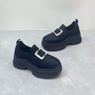 欧洲站厚底水钻方扣一脚蹬乐福鞋拼色增高6厘米舒适深口单鞋