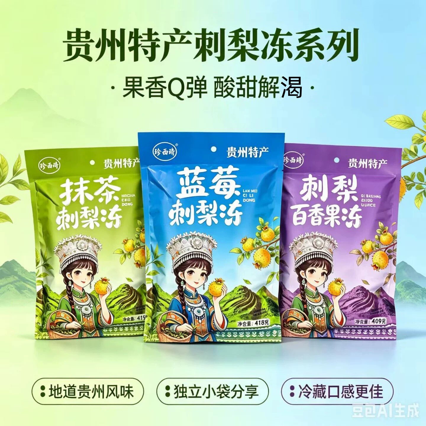 贵州伴手礼水果熊猫刺梨冻珍西琦百香果刺梨冻蓝莓抹茶刺梨果冻图片