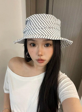 日系高端高品质亚麻条纹褶皱平顶渔夫帽子女遮阳夏日防晒登山帽