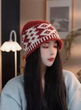 韩版休闲百搭气质提花针织帽子女秋冬保暖护耳毛线帽显脸小渔夫帽