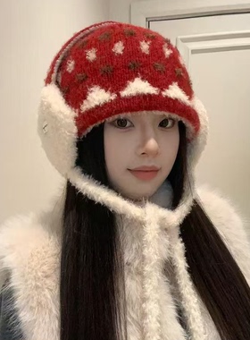 冬季费尔岛提花护耳保暖针织帽女