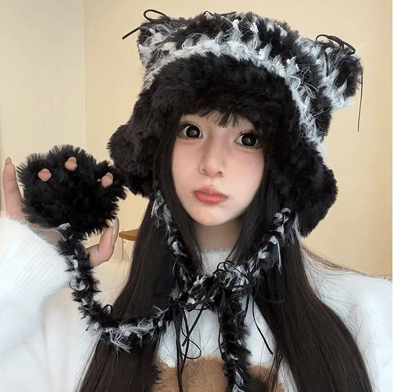 秋冬条纹拼接针织毛线帽子加厚保暖手工可爱猫爪护耳套头雷锋帽,服饰配件/皮带/帽子/围巾,帽子,淘宝优惠券,粉丝福利购,淘宝优惠卷