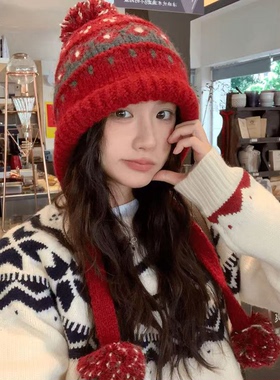 红色大头围针织毛线帽子女秋冬复古费尔岛风显脸小保暖护耳雷锋帽
