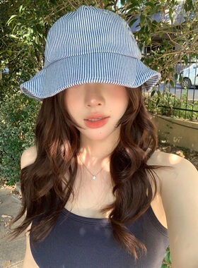 韩国东大门2026新款夏季遮阳帽女渔夫帽条纹轻薄折叠鸭舌帽子