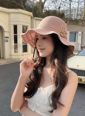 夏季户外洋气遮阳帽子女防晒渔夫帽女韩版波浪大檐针织透气盆帽潮