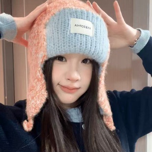 无檐雷锋帽杂色秋冬外出帽子韩版可爱双色帽防寒针织时尚护耳帽女