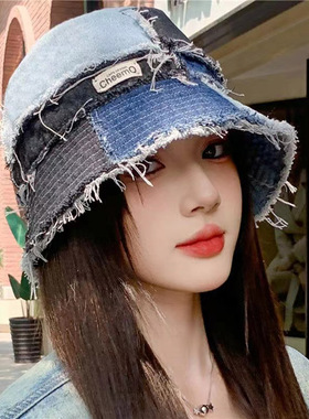 春秋百搭拼接磨边牛仔渔夫帽女