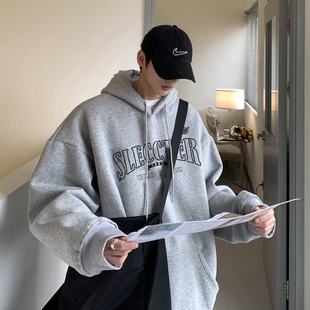 潮牌外套 oversize美式 卫衣男秋冬款 灰色加绒情侣连帽卫衣2025新款