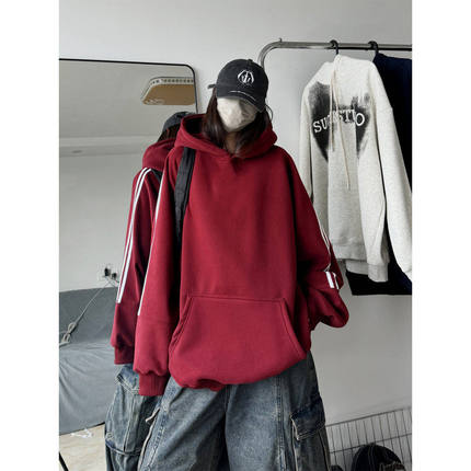 秋冬款美式潮牌宽松重磅加绒纯色连帽卫衣oversize情侣装帽衫外套