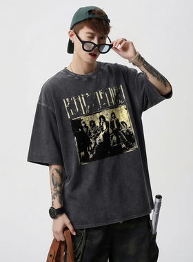 短袖男款2026新款重磅宽松水洗复古印花T恤男青少年美式纯棉半袖