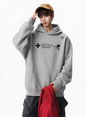 卫衣男款2026新款重磅加绒连帽卫衣美式潮牌宽松套头情侣帽衫外语