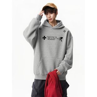 潮牌宽松套头情侣帽衫 重磅加绒连帽卫衣美式 外语 2026新款 卫衣男款