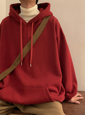 连帽卫衣男2025新款秋冬款加绒纯色美式情侣重磅大码潮牌红色外套