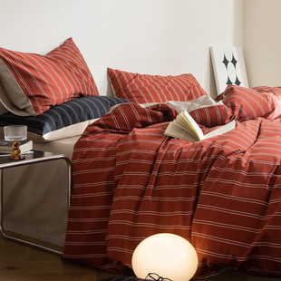 A类长绒棉100支四件套贡缎纯棉全棉床上用品被套床单红色条纹简约