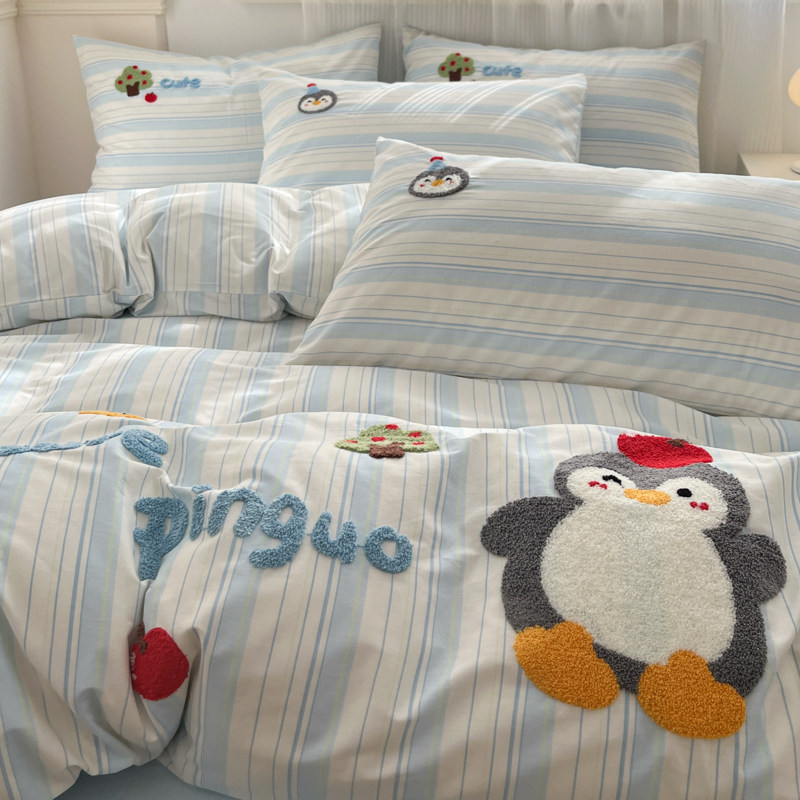 儿童四件套全棉床单被套学生宿舍卡通男孩女生纯棉企鹅床上三件套