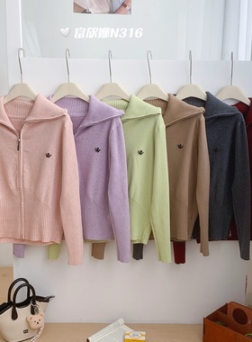 富欣娜N316女士翻领拉链时尚柔软百搭针织开衫保暖毛衣外套