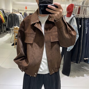 新款 美式 春季 美拉德麂皮绒PU皮衣夹克男士 机车服外套 复古宽松工装