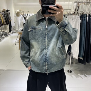 秋季新款男士宽松拼接翻领工装牛仔夹克日系复古时尚休闲痞帅外套