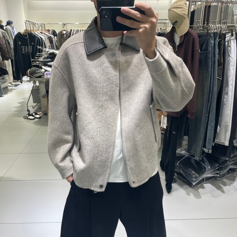 潮牌拼接PU皮领双面尼羊毛夹克