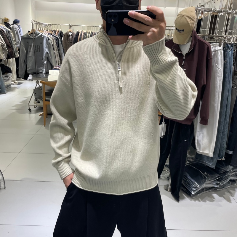 美式休闲宽松半拉链立领针织毛衣