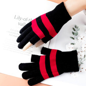 秋冬季 男女士加绒保暖防寒学生写字漏半指露二指骑车毛线触屏手套