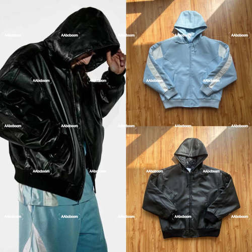 Hooded Leather Jacket 23号刺绣落肩连帽皮衣棉服外套 男女同款