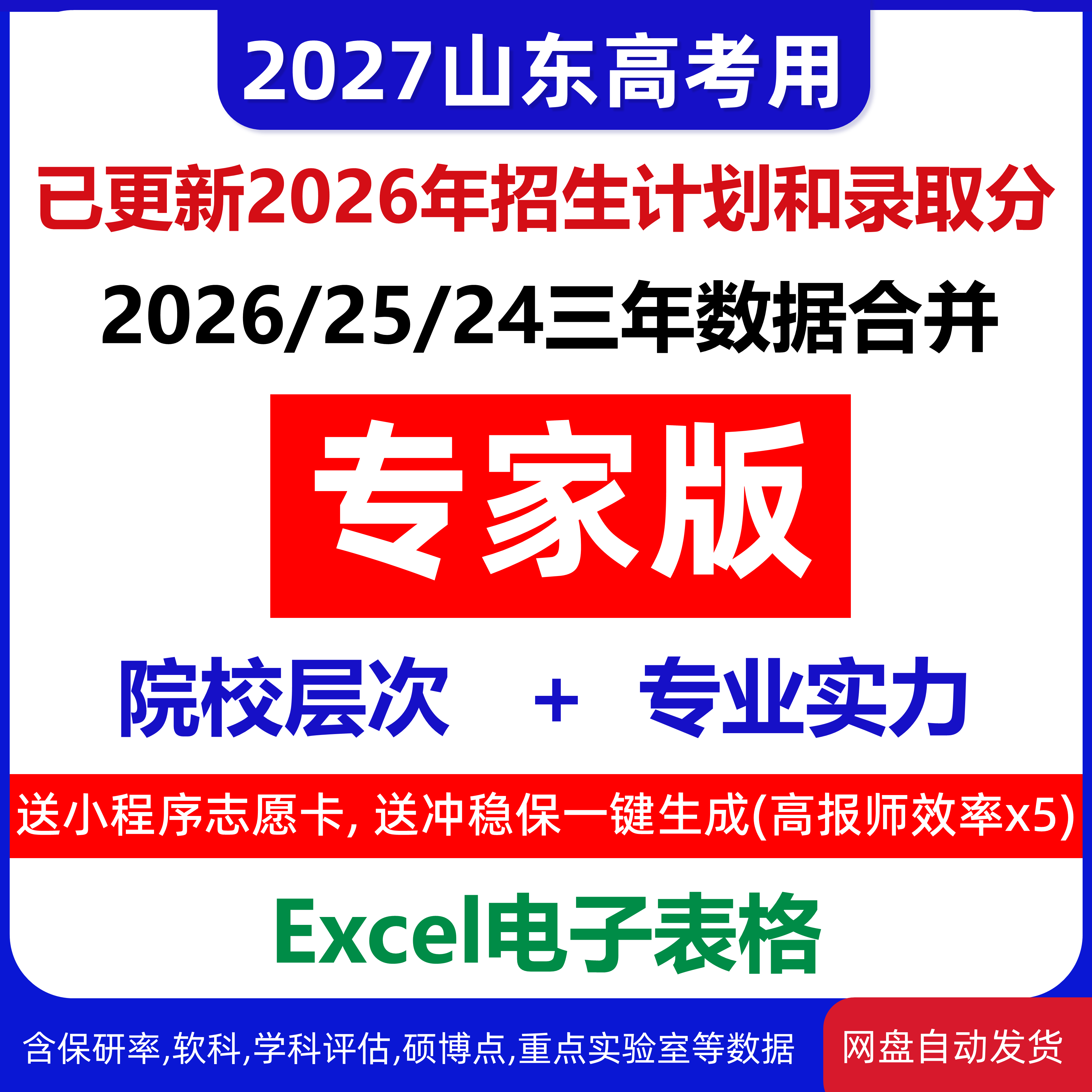 山东2027年高考用本科专科三年录取分大数据合成表Excel可筛选