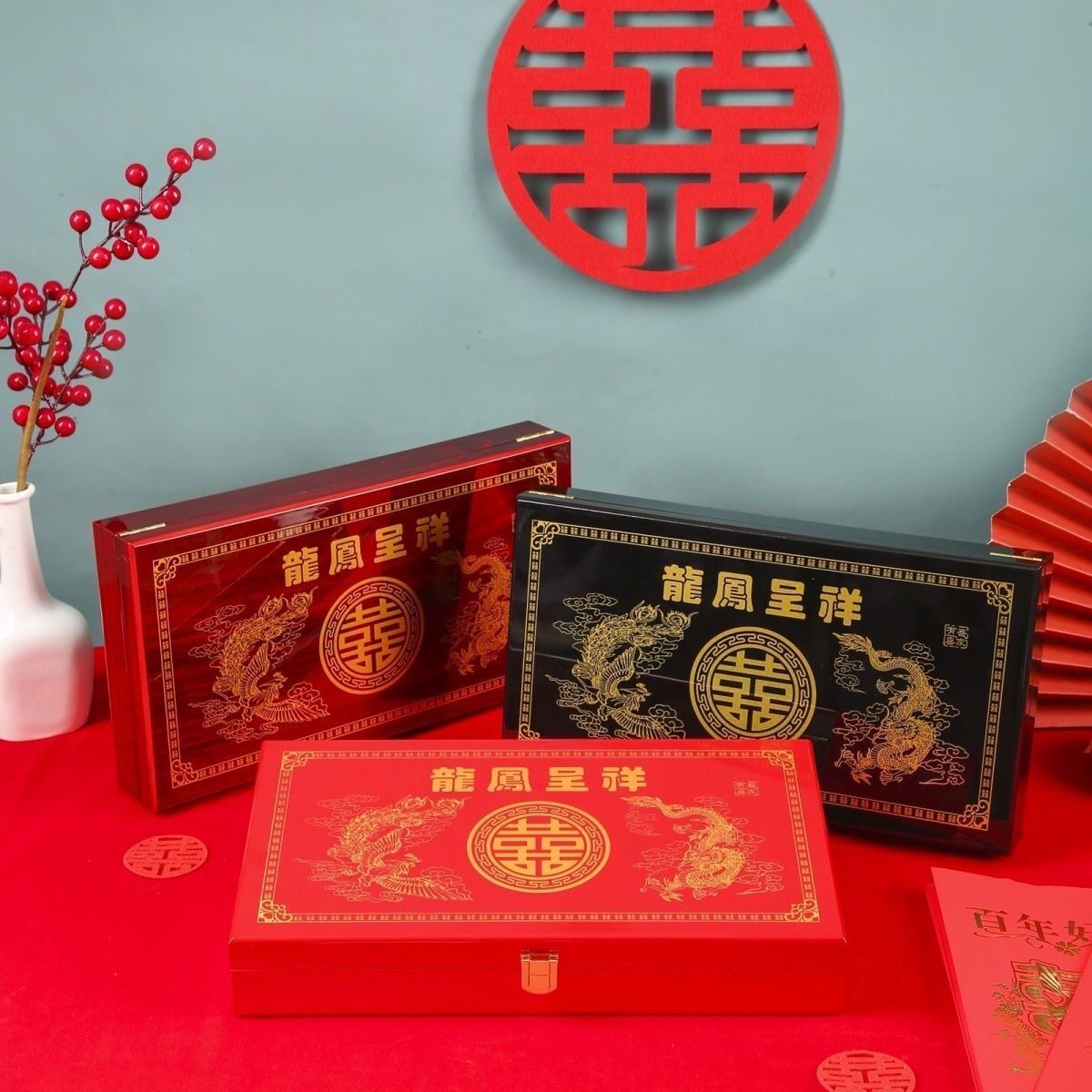 潮汕习俗结婚下聘拜帖首饰盒婚庆聘金礼盒12版聘盒木十二版请帖盒