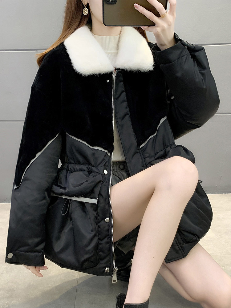 海宁皮草羽绒服女中长款冬新款水貂毛领拼接白鸭绒保暖外套