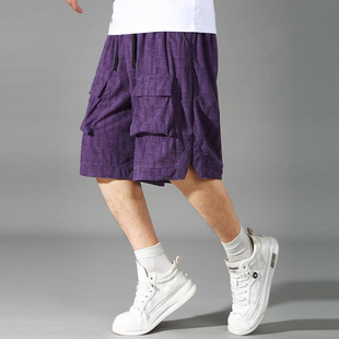 工装 加肥加大号胖子中裤 短裤 休闲五分裤 男宽松多口袋紫色夏季 大码