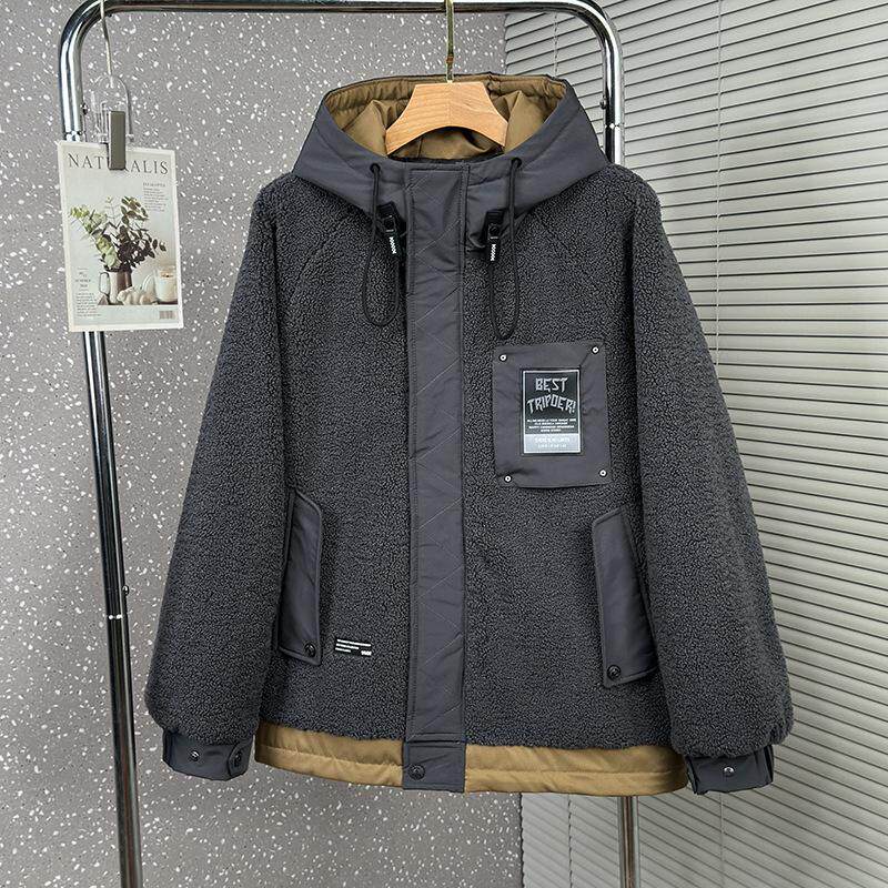 加肥加大码棉服高中冬季羊羔绒加厚青少年男休闲撞色宽松连帽棉衣