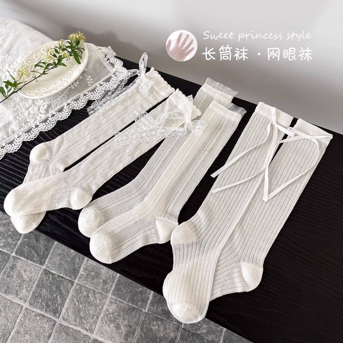 女童长筒袜春夏季薄款儿童韩系洛丽塔蝴蝶结夏季轻薄防蚊袜中筒袜