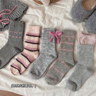 女童袜子秋冬中筒韩系甜美粉色系堆堆学生儿童女孩长款中大童棉袜