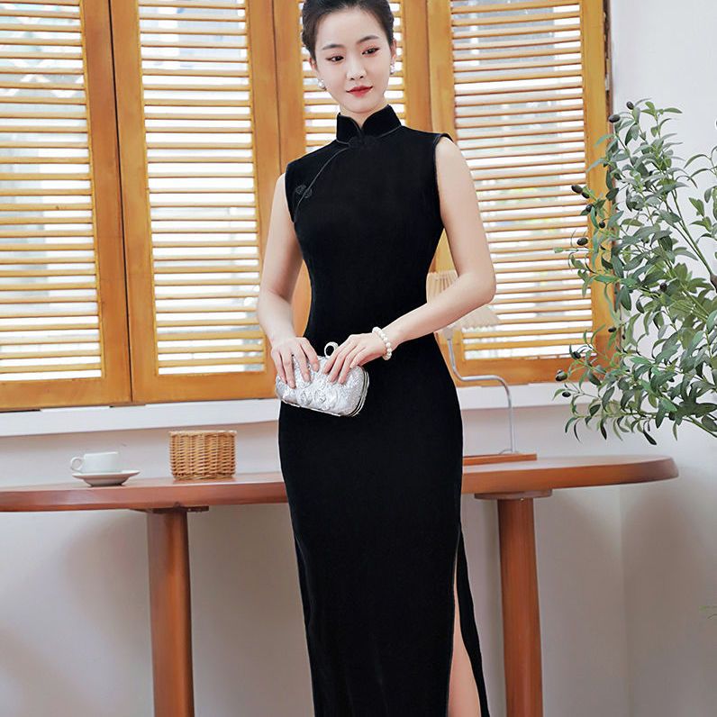 春夏金丝绒无袖遮肚大码妈妈旗袍