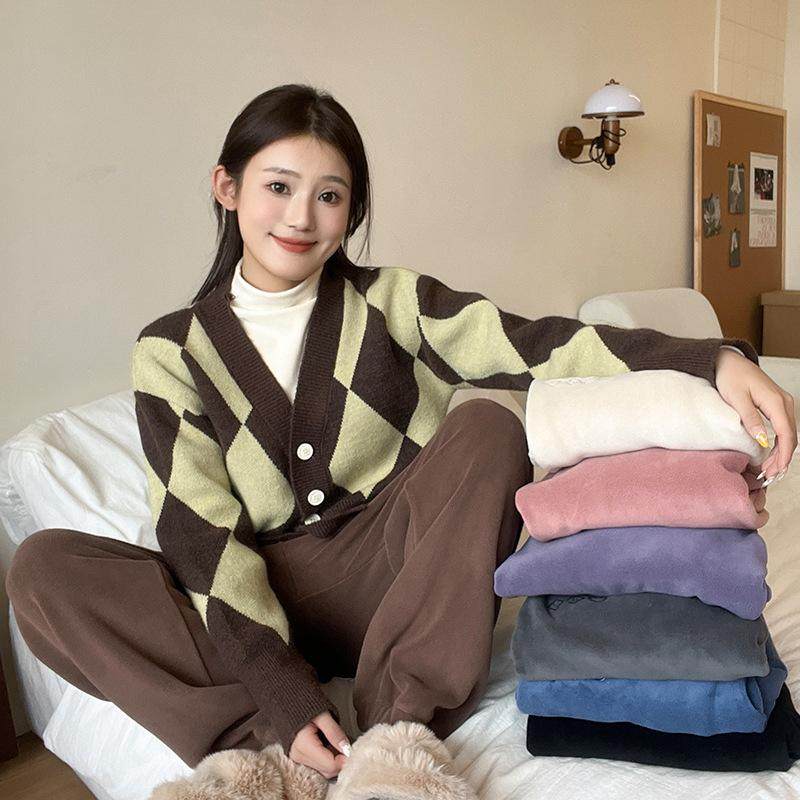 秋冬女双面摇粒绒暖暖裤加厚刺绣笑脸家居裤可外穿高腰保暖束脚裤
