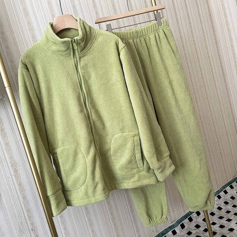 雪粒绒暖暖套装家居服女秋冬拉链加厚保暖珊瑚绒束脚保暖口袋睡衣