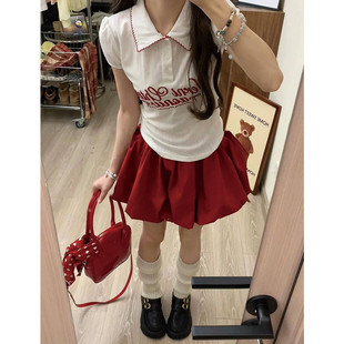红色蓬蓬花苞裙裤女夏季高腰a字短裙小个子防走光显瘦甜美半身裙